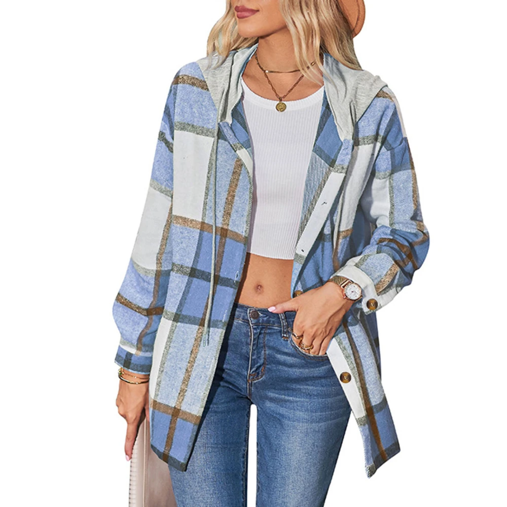 Women Plaid Coat Button Up Hooded Loose Fit Casual Fashionable Lady Shirt Jacket for Autumn Winter Light Blue S