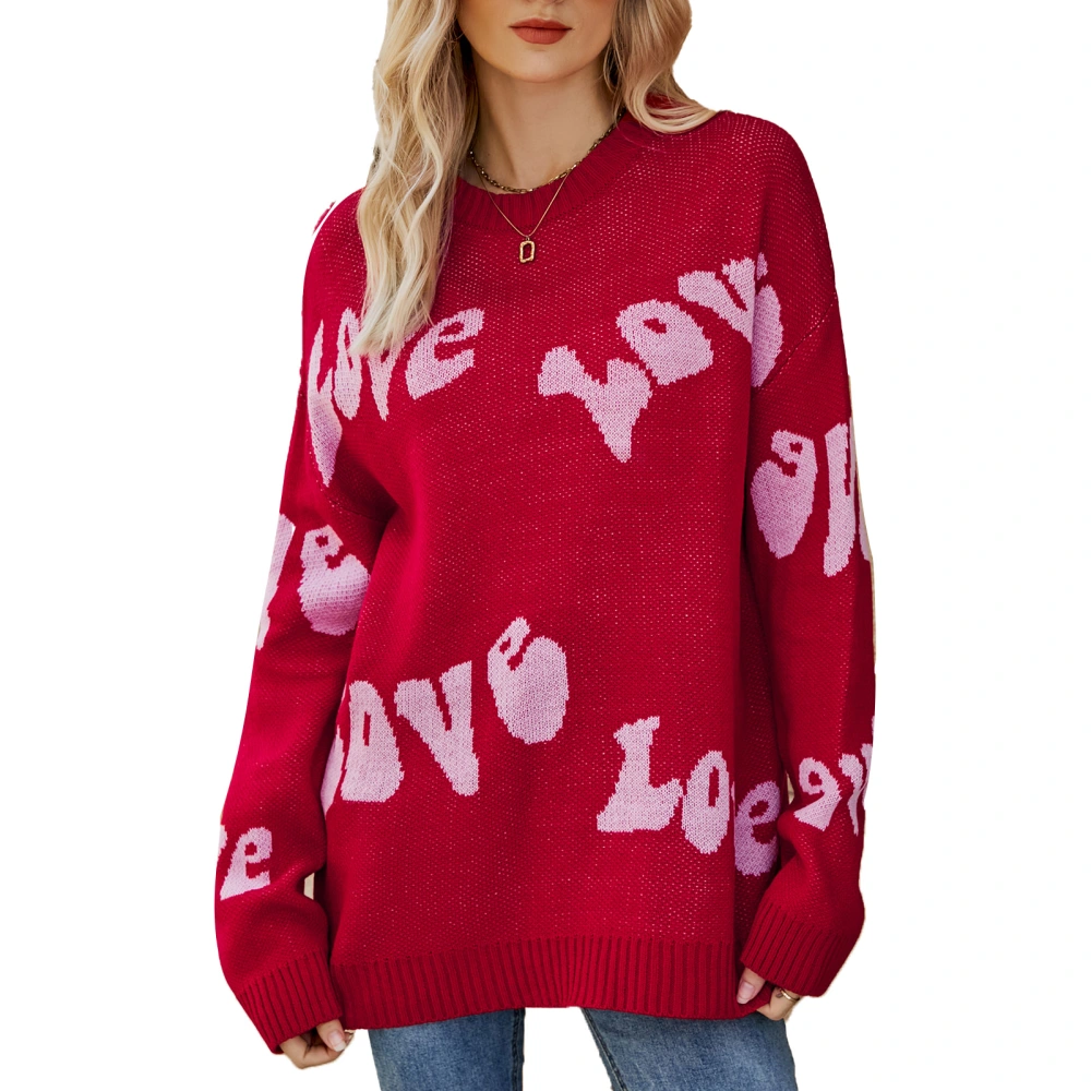 Women Pullover Sweater Round Neck Long Sleeves Letter Pattern Loose Fit Knit Pullover Top for Early Autumn Winter Red M