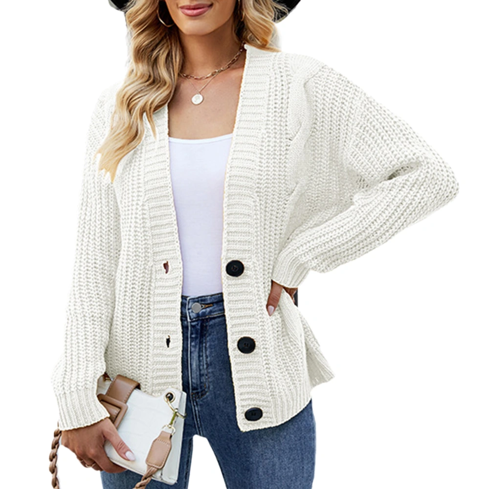 Open Front Sweater Long Sleeve Loose Warm Thick Cable Knit Button Outwear for Women Beige L