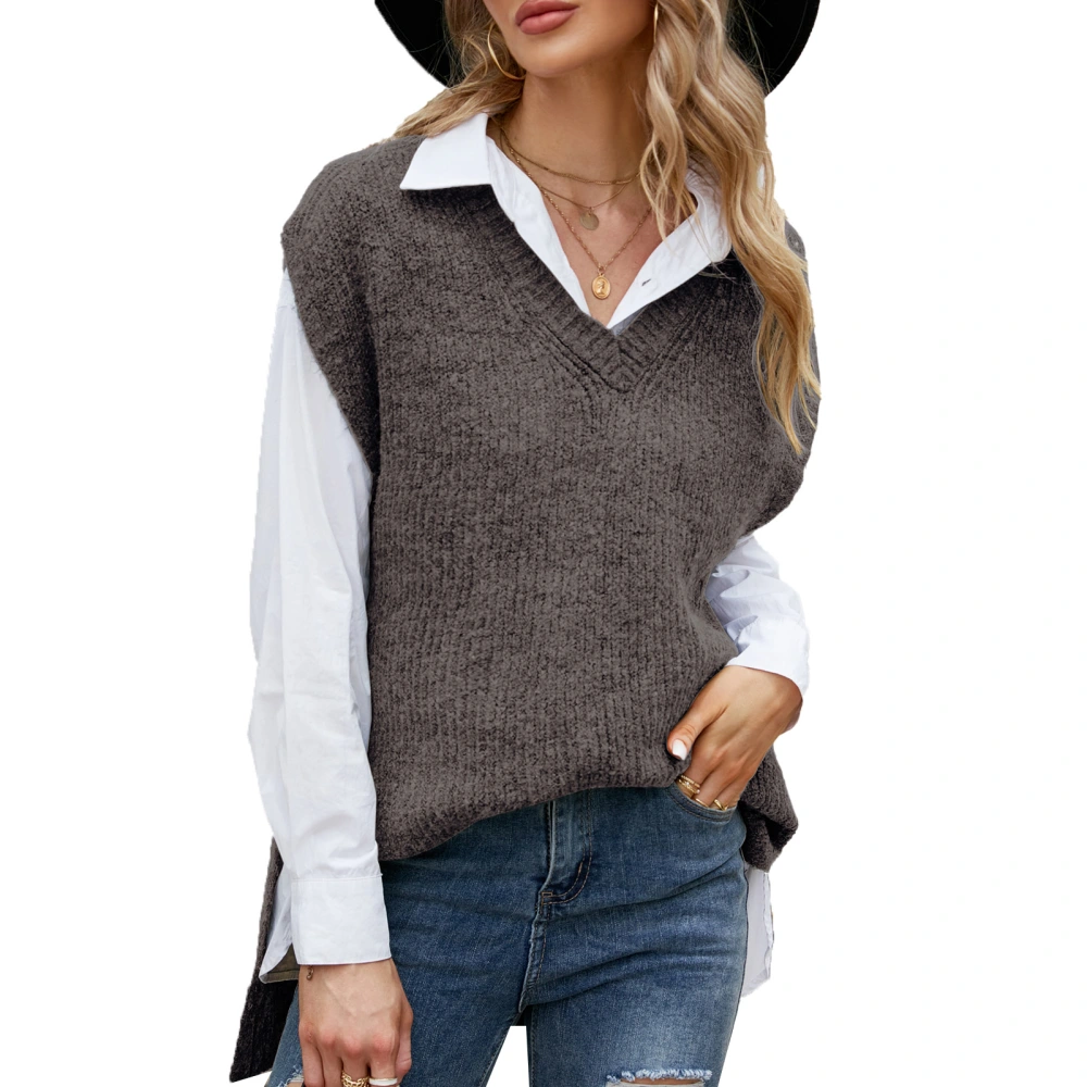 Women Vest Knitted V Neck Split Hem Sleeveless Pure Color Loose Casual Vest Sweater Grey S