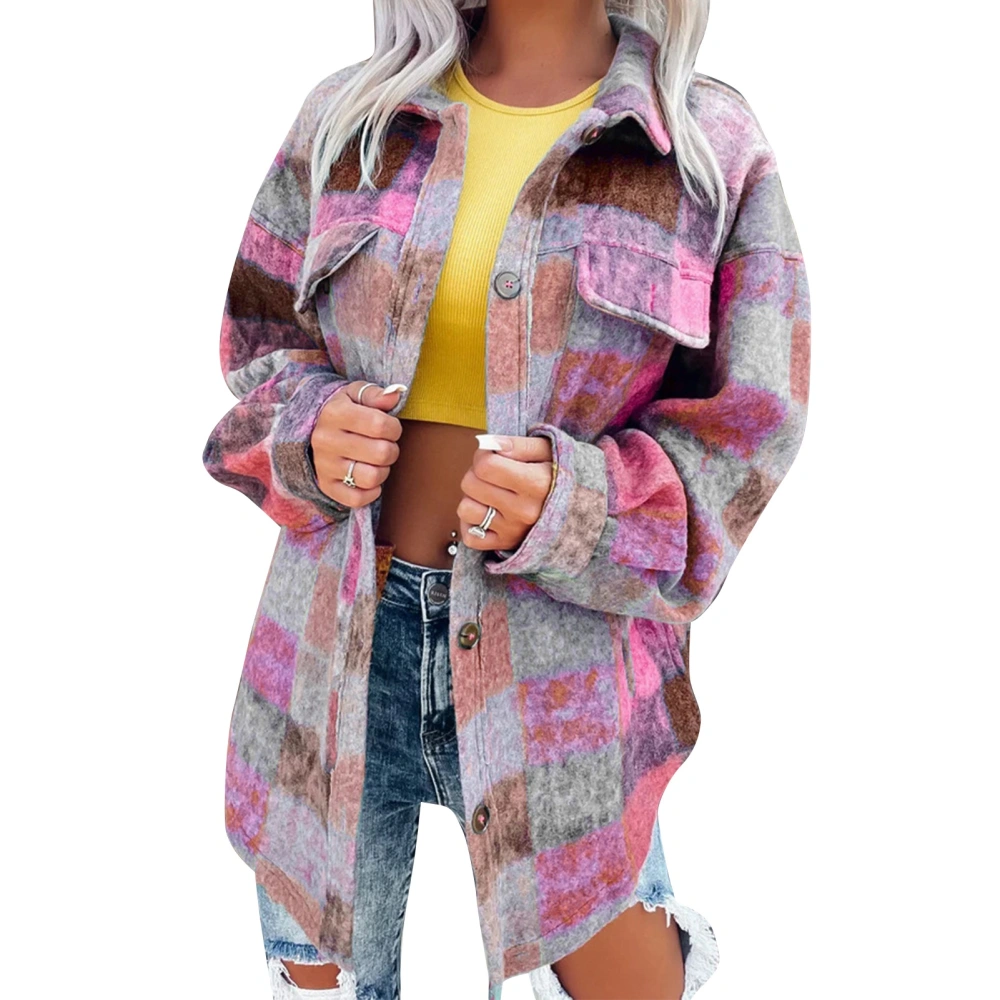 Women Plaid Wool Jacket Casual Fashionable Turn Down Collar Long Sleeve Jackets with Covered Pockets for Female Grey XL