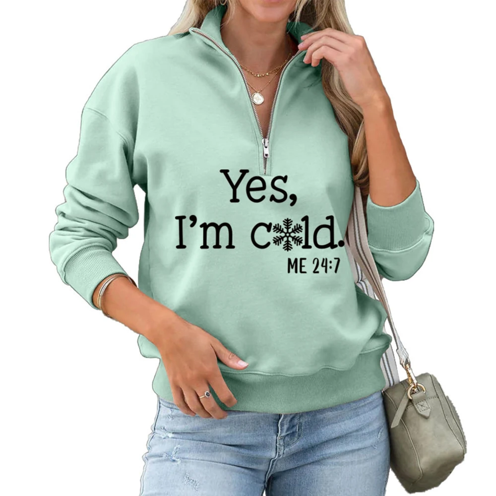 Women Sweatshirt Half Zipper Letter Printed Long Sleeved Casual Fit Fashionable Rib Cuff Sweatshirt Light Green S