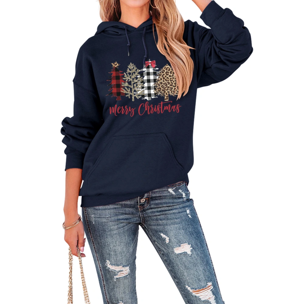 Christmas Hoodie Long Sleeves Tree Pattern Loose Type Comfortable Front Pocket Pullover Navy Blue XL