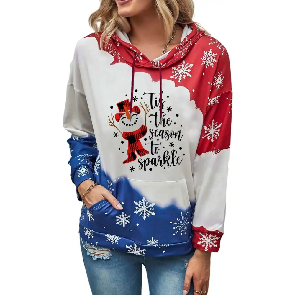 Women Hoodie Casual Top Multi Colours Drawstring Sweatshirt Pullover for Autumn Winter Snowflake Sleeve XL