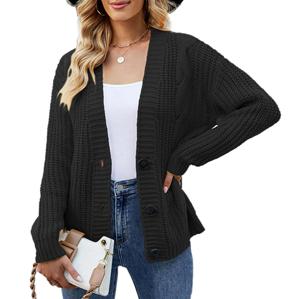 Open Front Sweater Long Sleeve Loose Warm Thick Cable Knit Button Outwear for Women Black M