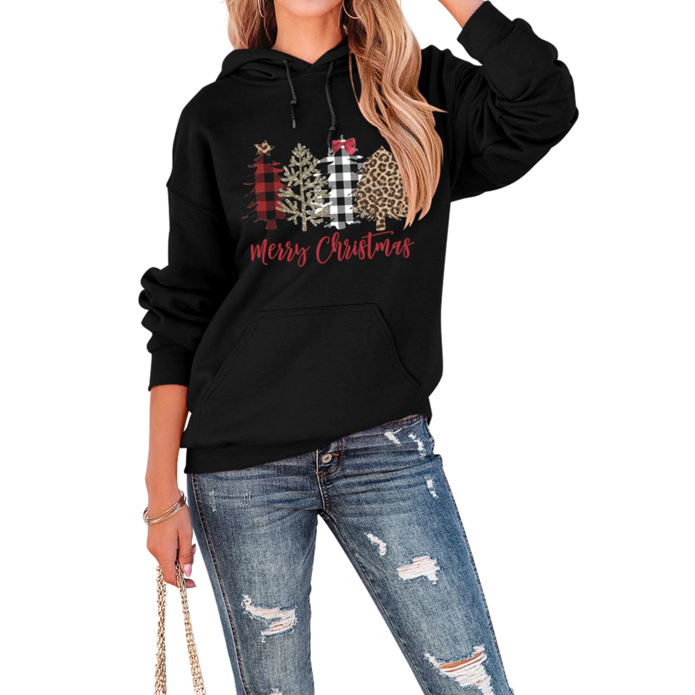 Christmas Hoodie Long Sleeves Tree Pattern Loose Type Comfortable Front Pocket Pullover Black M