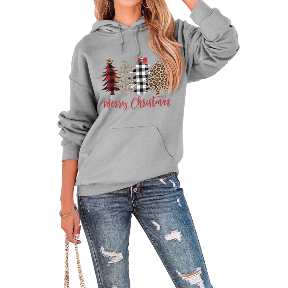 Christmas Hoodie Long Sleeves Tree Pattern Loose Type Comfortable Front Pocket Pullover Grey XL