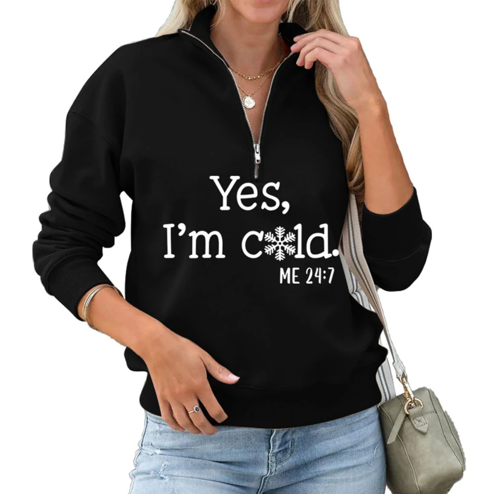 Women Sweatshirt Half Zipper Letter Printed Long Sleeved Casual Fit Fashionable Rib Cuff Sweatshirt Black XL