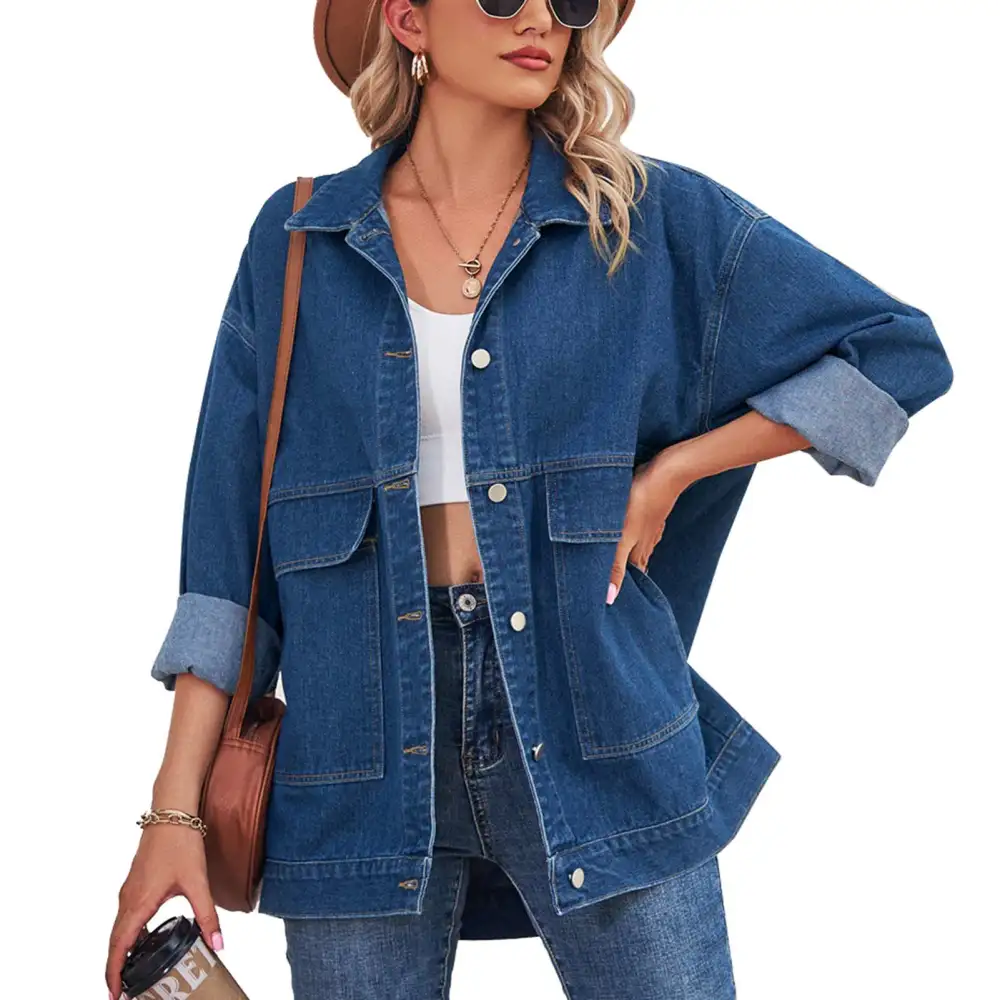 Long Sleeve Denim Jacket Loose Casual Turn Down Collar Button Up Drop Shoulder Coat Outwear with Pocket Blue S