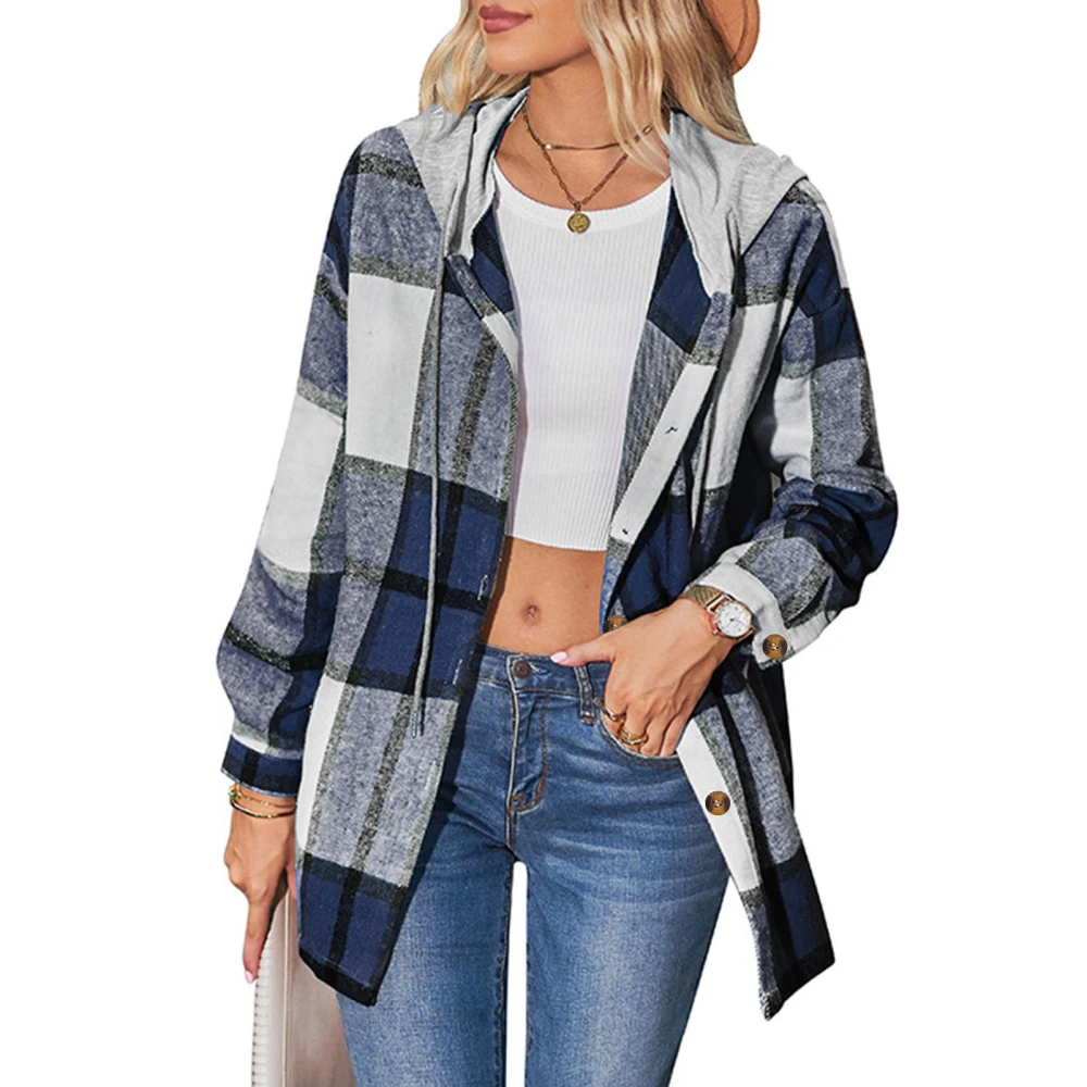 Women Plaid Coat Button Up Hooded Loose Fit Casual Fashionable Lady Shirt Jacket for Autumn Winter Dark Blue L