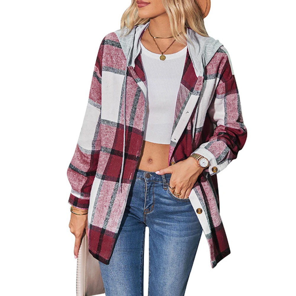 Women Plaid Coat Button Up Hooded Loose Fit Casual Fashionable Lady Shirt Jacket for Autumn Winter Wine Red XL