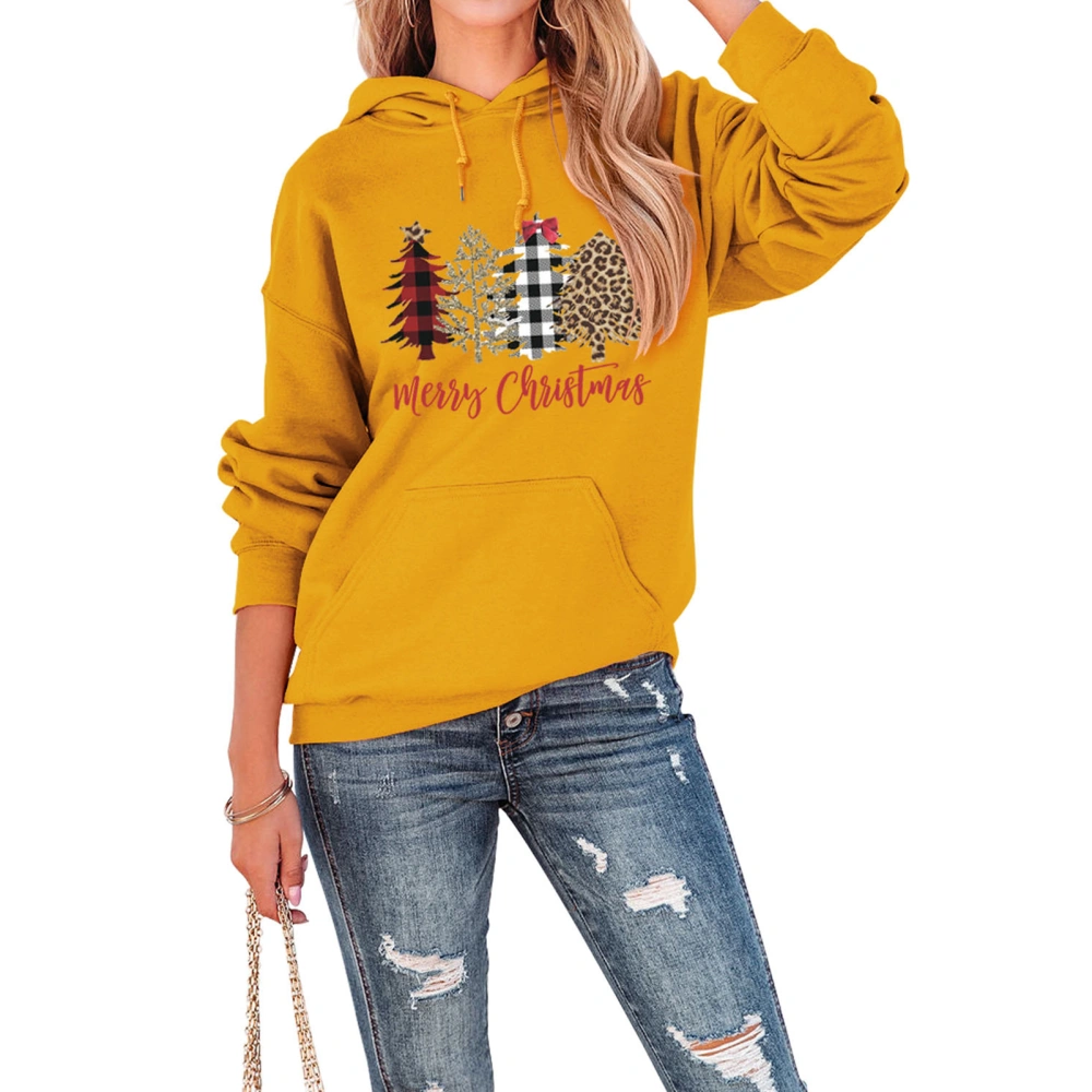 Christmas Hoodie Long Sleeves Tree Pattern Loose Type Comfortable Front Pocket Pullover Yellow XXL