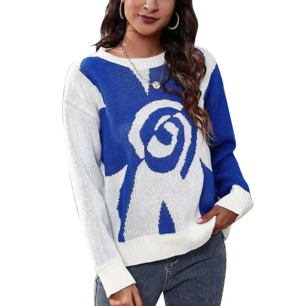 Knitted Sweater Women Long Sleeve Top Big Flower Pattern Loose for Autumn Winter Blue M