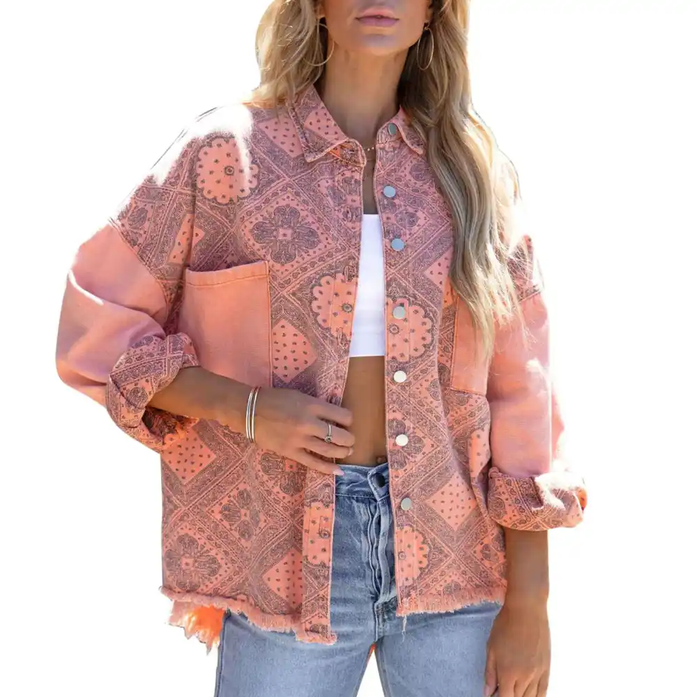 Women Jacket Beautiful Printing Turn Down Collar Single Breasted Casual Denim Coat with Chest Pocket Pink XL