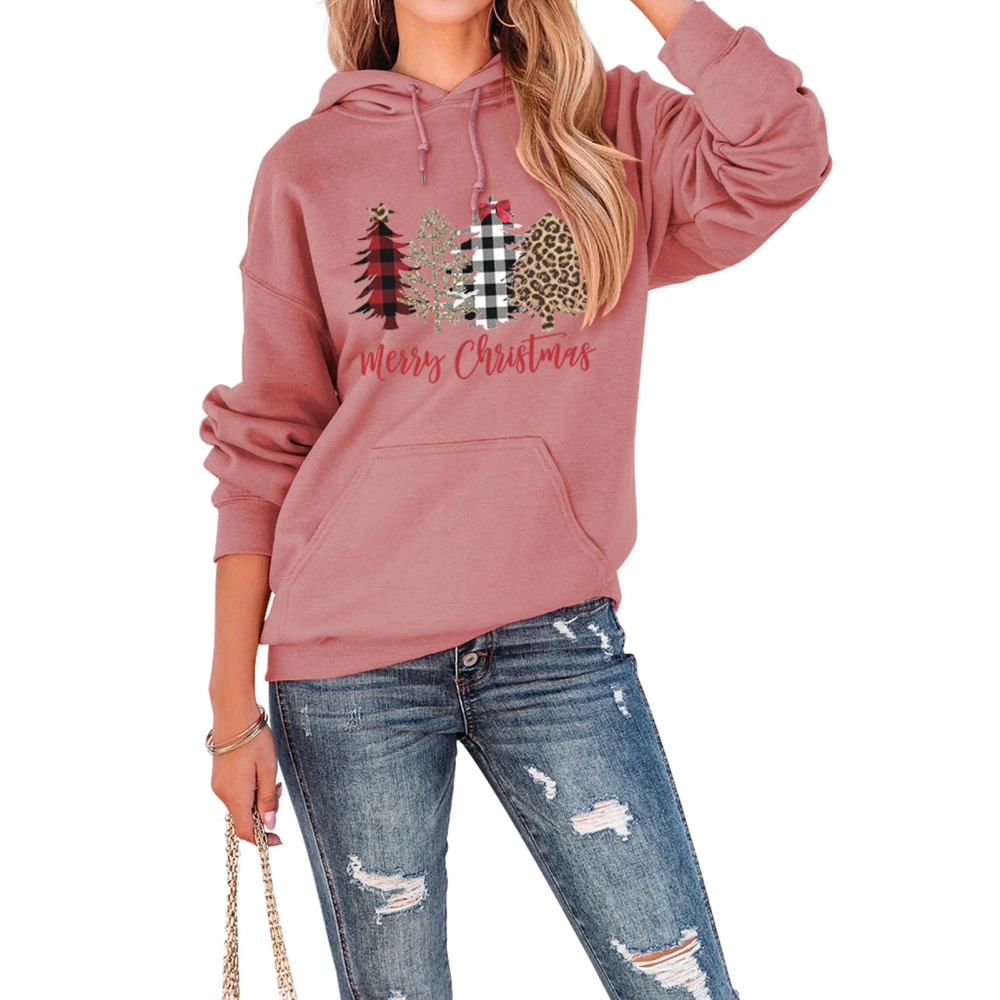 Christmas Hoodie Long Sleeves Tree Pattern Loose Type Comfortable Front Pocket Pullover Rose Gold S