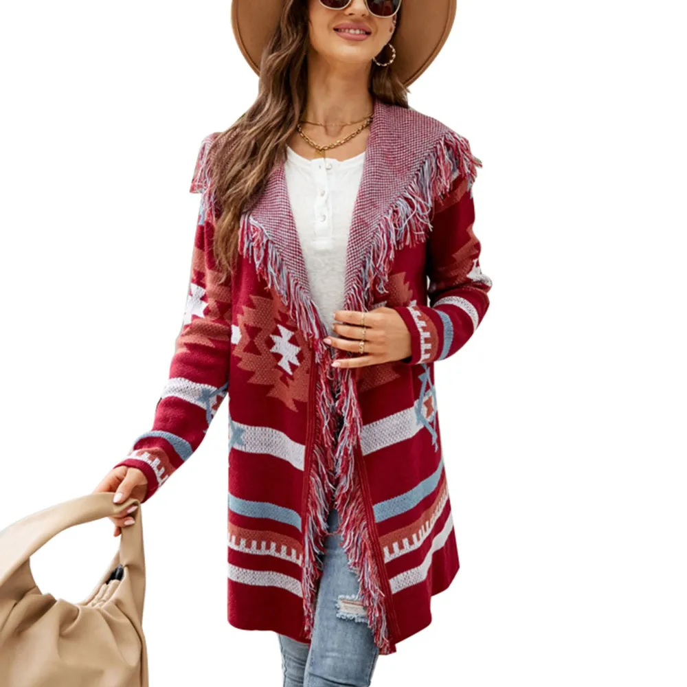 Women Open Front Knitted Sweater Tassels Hooded Geometric Pattern Loose Outerwear Coat Red L