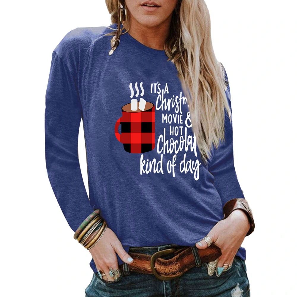 Women T Shirt Letter Printed Round Neck Long Sleeved Casual Fit Fashionable Blouse for Office Blue XL