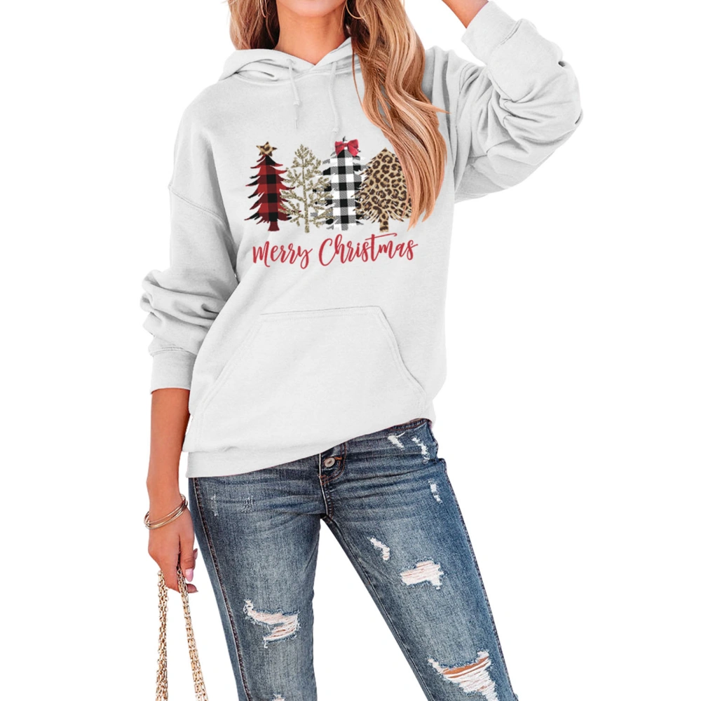 Christmas Hoodie Long Sleeves Tree Pattern Loose Type Comfortable Front Pocket Pullover White L