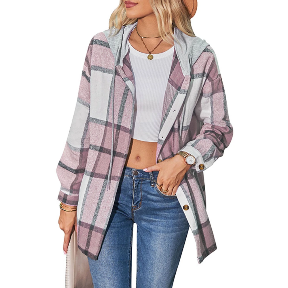 Women Plaid Coat Button Up Hooded Loose Fit Casual Fashionable Lady Shirt Jacket for Autumn Winter Pink XL