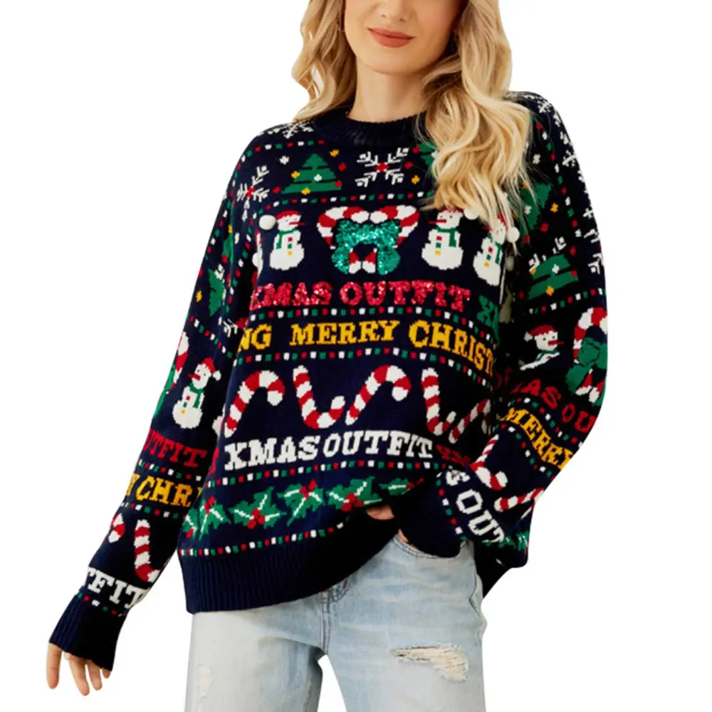 Women Christmas Sweater Knitted Crewneck Long Sleeve Printed Color Blocking Loose Pullover Sweater Purplish Blue M