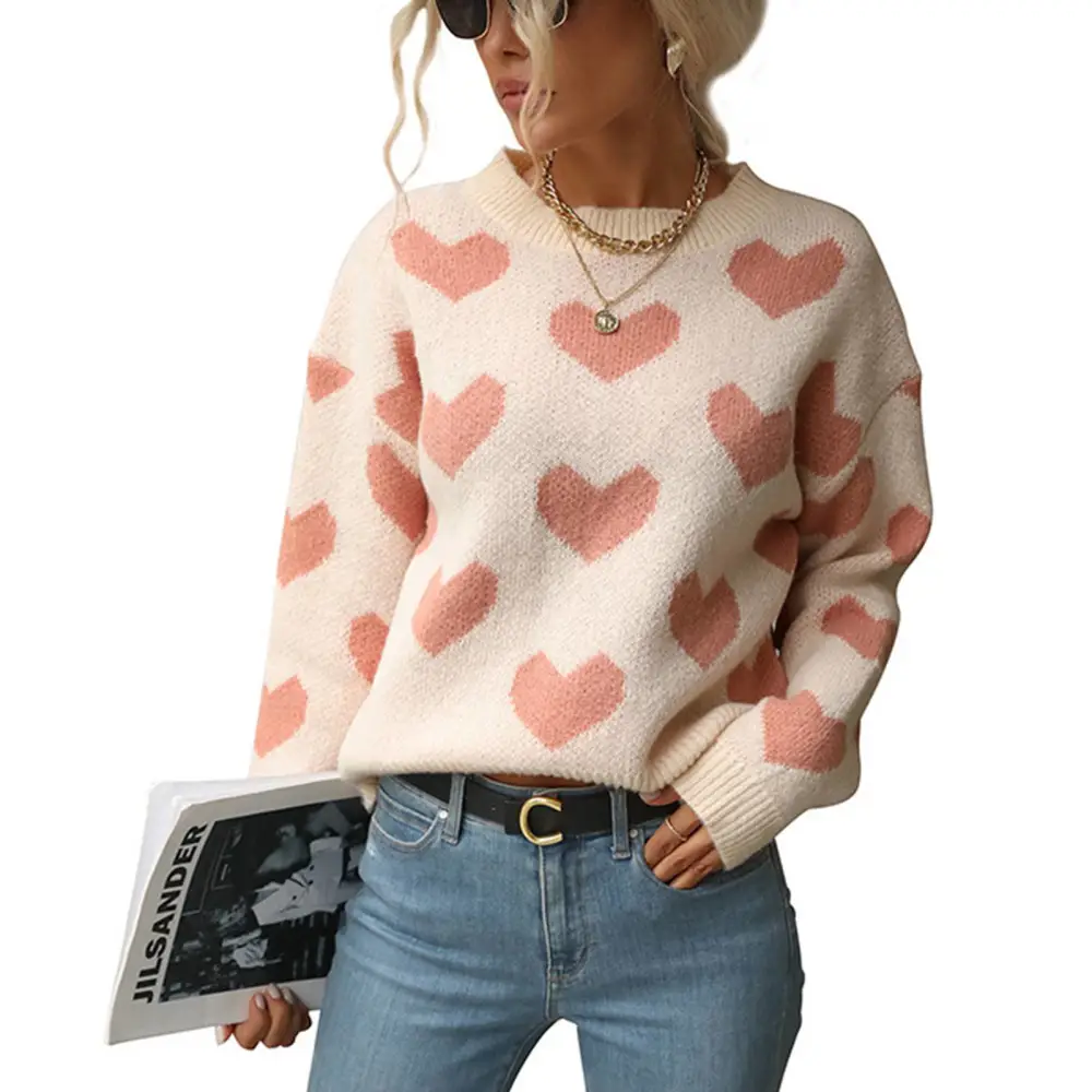 Heart Print Pullover Sweater Crewneck Long Sleeve Fashion Soft Casual Heart Sweater for Women Pink S