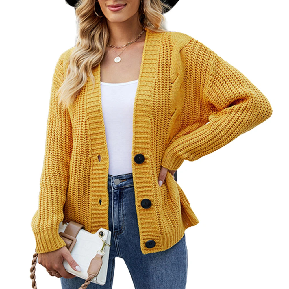 Open Front Sweater Long Sleeve Loose Warm Thick Cable Knit Button Outwear for Women Yellow XL