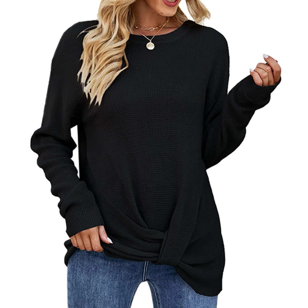 Women Long Sleeve Crewneck Sweater Autumn Winter Stylish Casual Hem Kink Design Women Long Sleeve Crew Neck Pullovers Black S