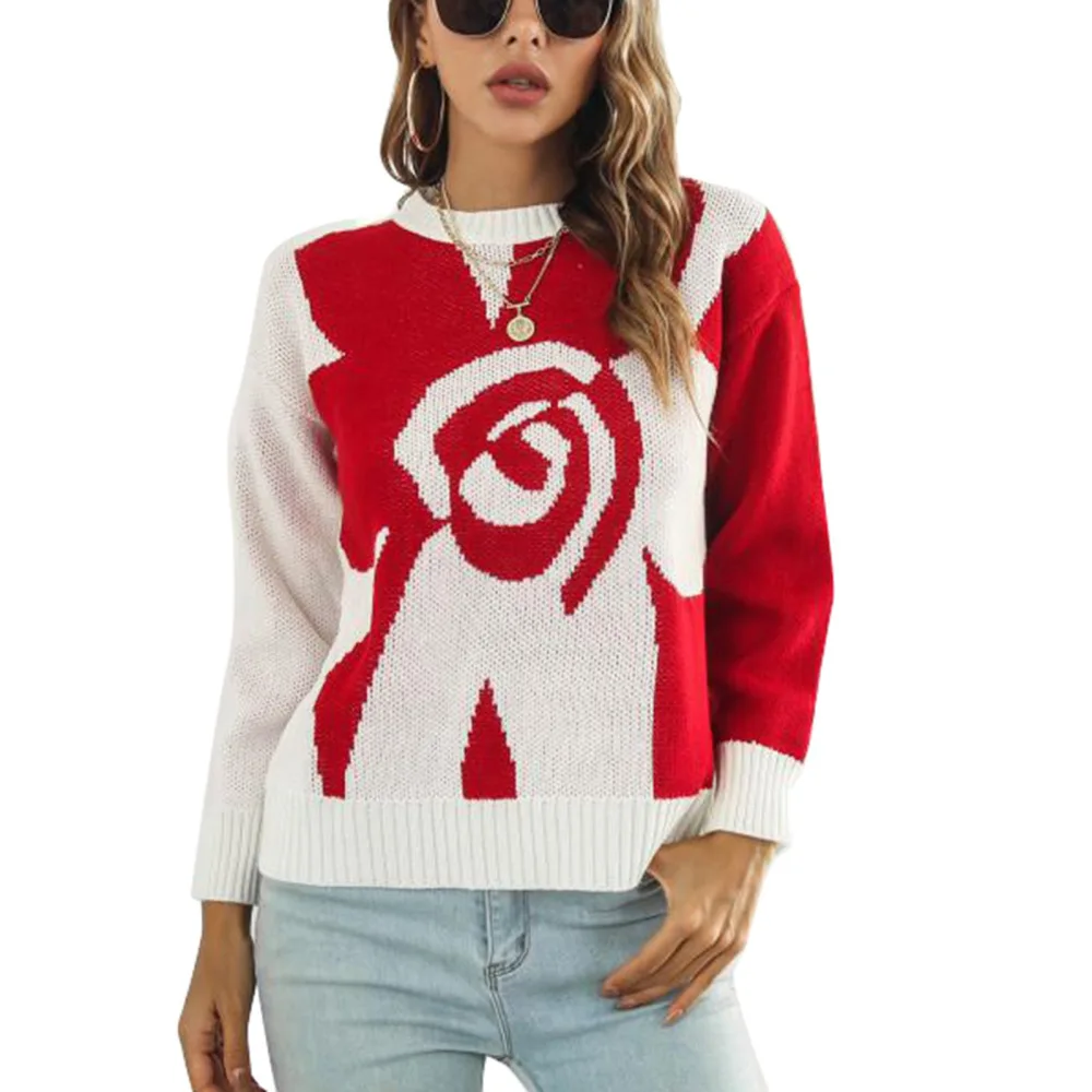 Knitted Sweater Women Long Sleeve Top Big Flower Pattern Loose for Autumn Winter Red L