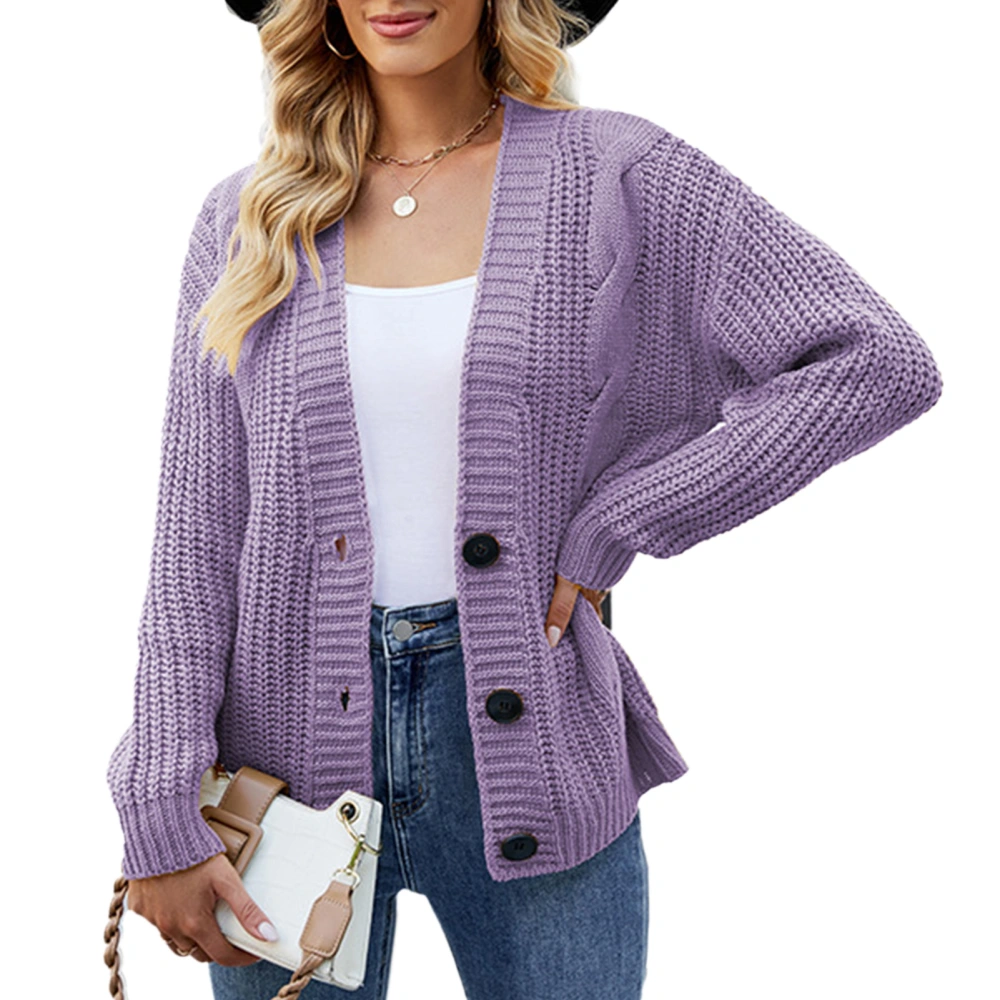 Open Front Sweater Long Sleeve Loose Warm Thick Cable Knit Button Outwear for Women Purple M