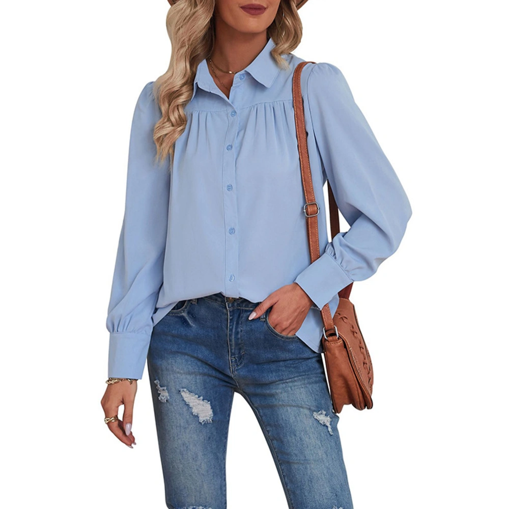 Women Long Sleeves Shirt Turn Down Collar Button Closure Pure Color Loose Type Casual Top Sky Blue XXL