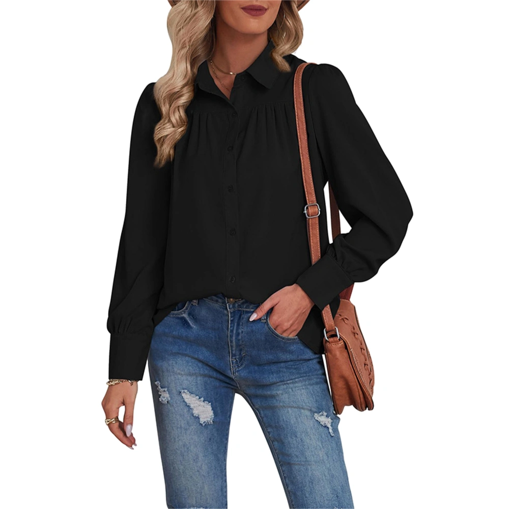 Women Long Sleeves Shirt Turn Down Collar Button Closure Pure Color Loose Type Casual Top Black XXL