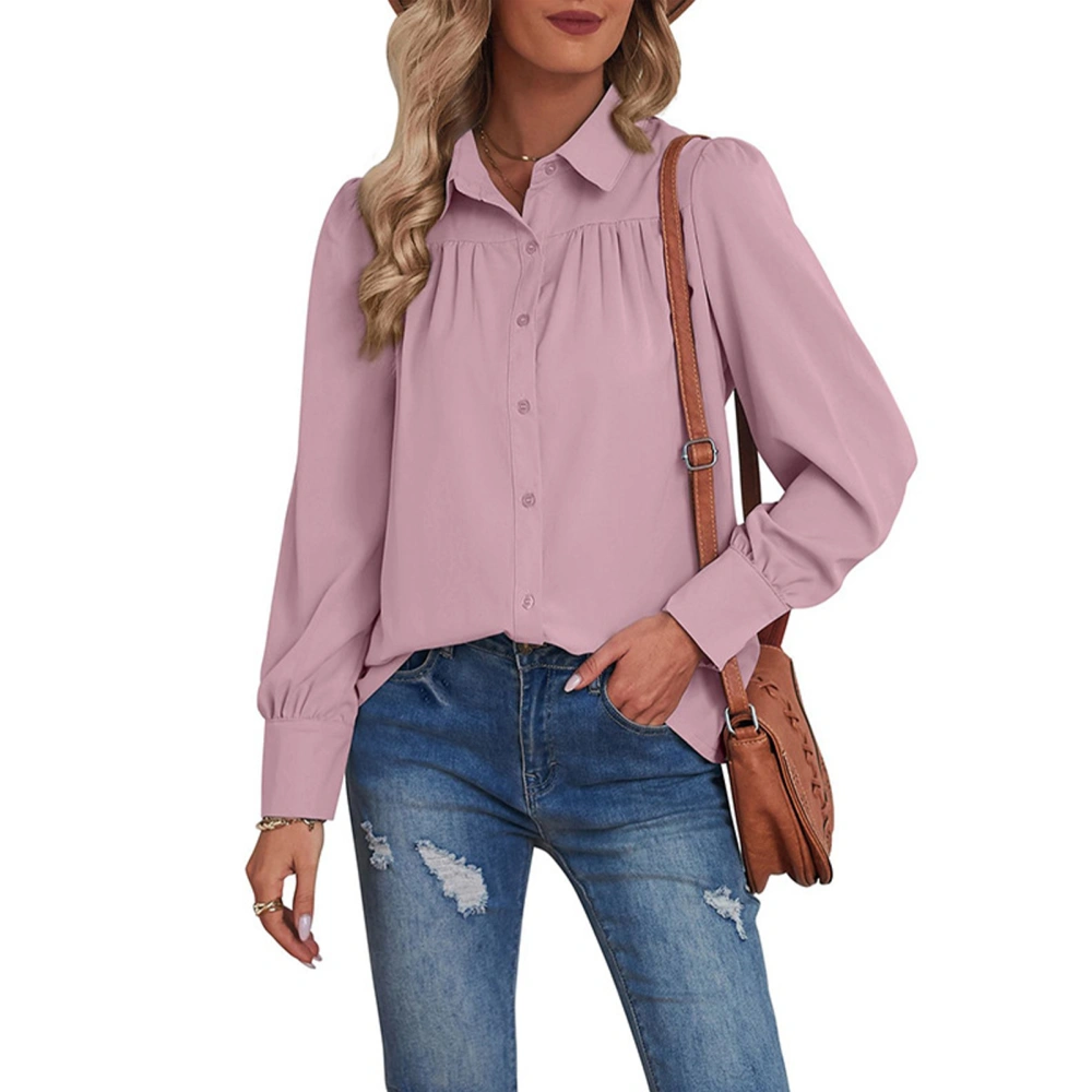 Women Long Sleeves Shirt Turn Down Collar Button Closure Pure Color Loose Type Casual Top Pink XXL