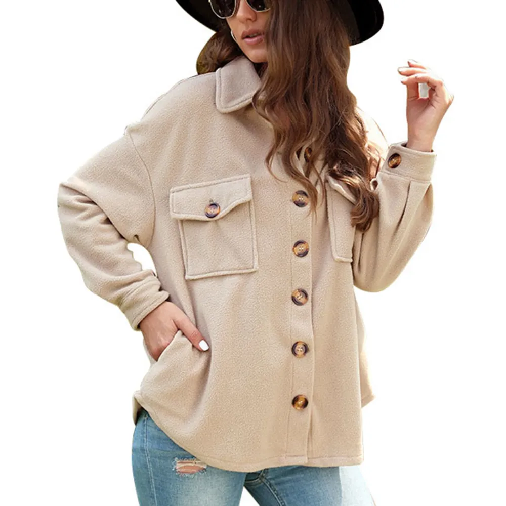 Women Fleece Jacket Khaki Lapel Long Sleeves Button Up Double Pockets Autumn Fleece Coat Khaki L