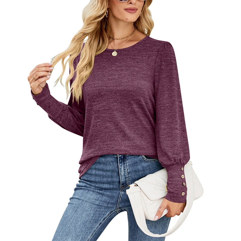 Women Long Sleeves Pullover Top Crewneck Button Cuffs Loose Comfortable Women Blouse Top Purplish Red XL