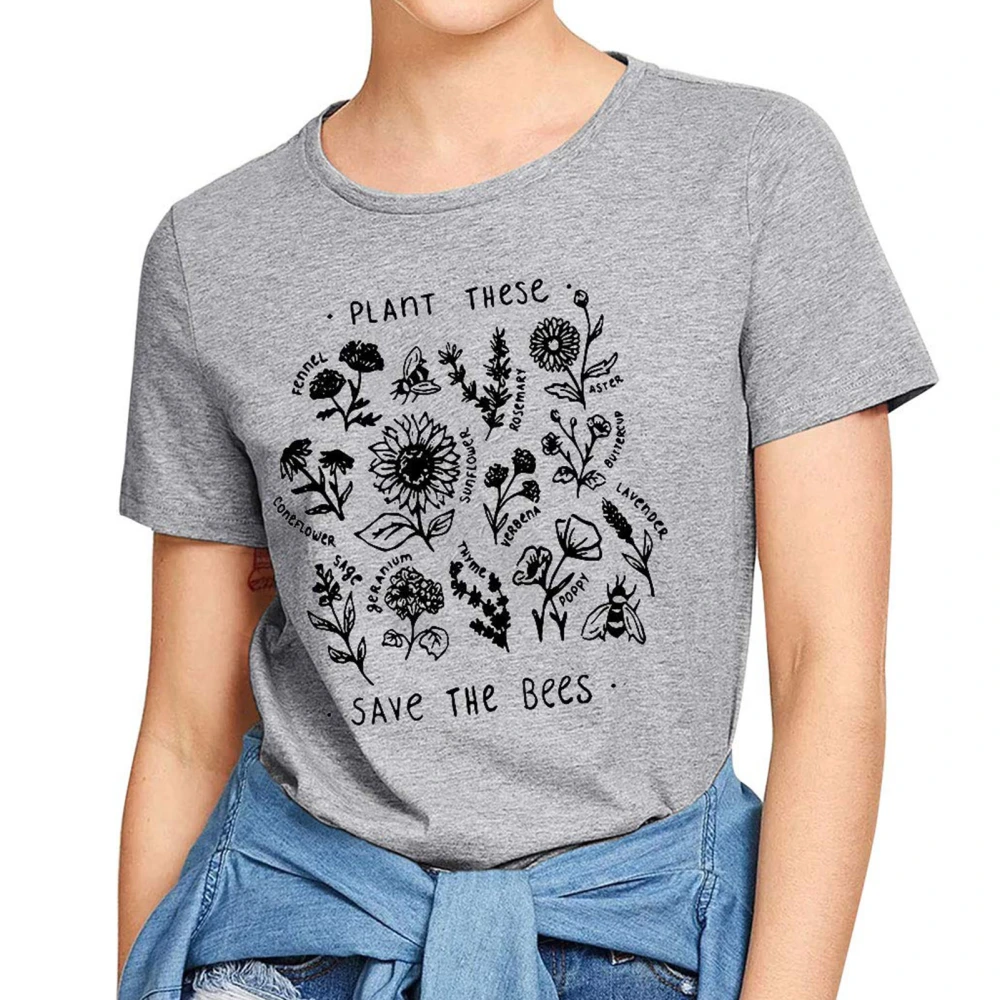 Women Crewneck Letter Floral Print Graphic T Shirt Fashionable Loose Casual Short Sleeve Tops Blouse Grey M