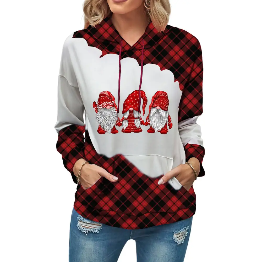 Women Hooded Top with Pocket Long Sleeve Christmas Printing Hoodie for Autumn and Winter Red Check Type L