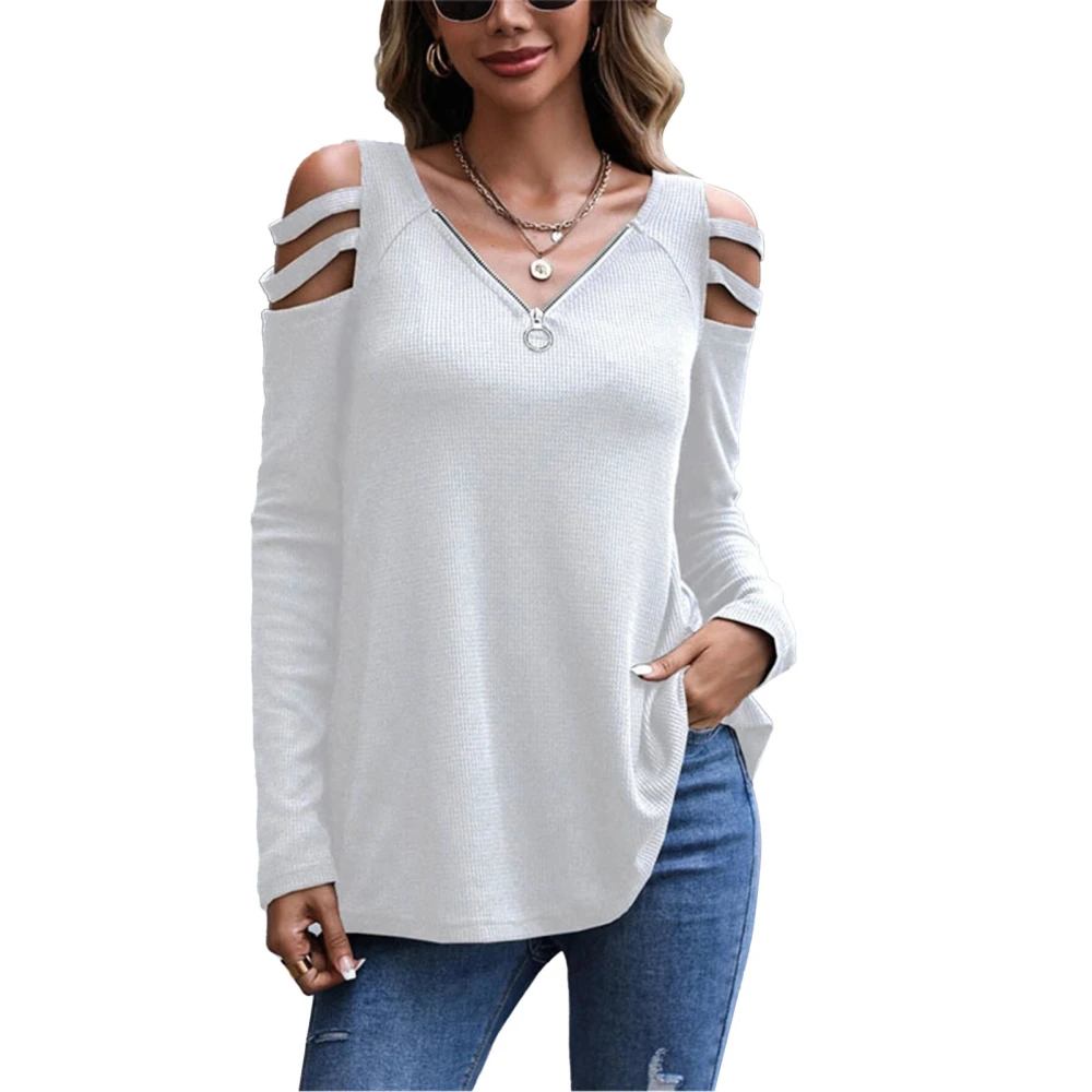 Women Long Sleeves Top V Neck Zipper Cold Shoulder Pure Color Loose Type Casual T Shirt White S