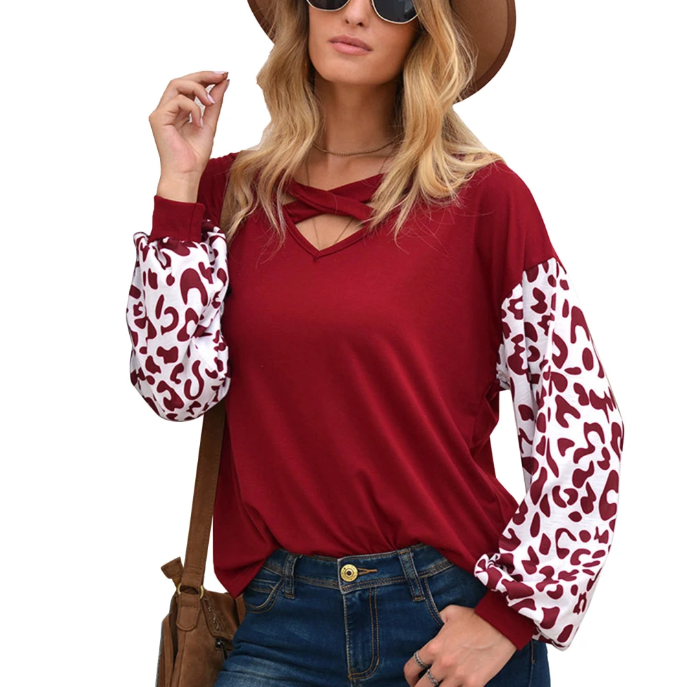 Women Long Sleeve Shirt Criss Cross V Neck Leopard Sleeve Patchwork Lantern Sleeve Loose Women Shirt Top for Daily Party Red XL