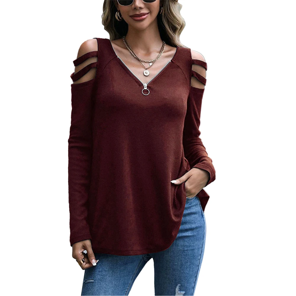 Women Long Sleeves Top V Neck Zipper Cold Shoulder Pure Color Loose Type Casual T Shirt Wine Red XXL