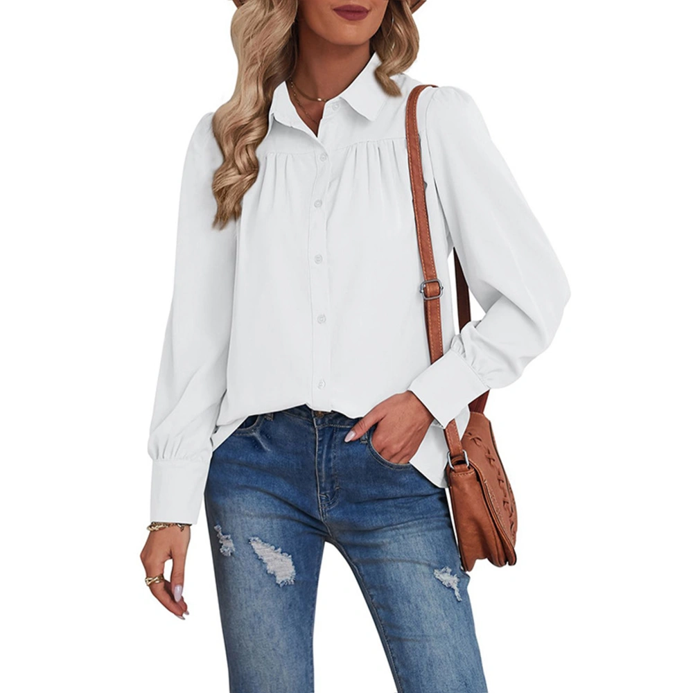 Women Long Sleeves Shirt Turn Down Collar Button Closure Pure Color Loose Type Casual Top White M