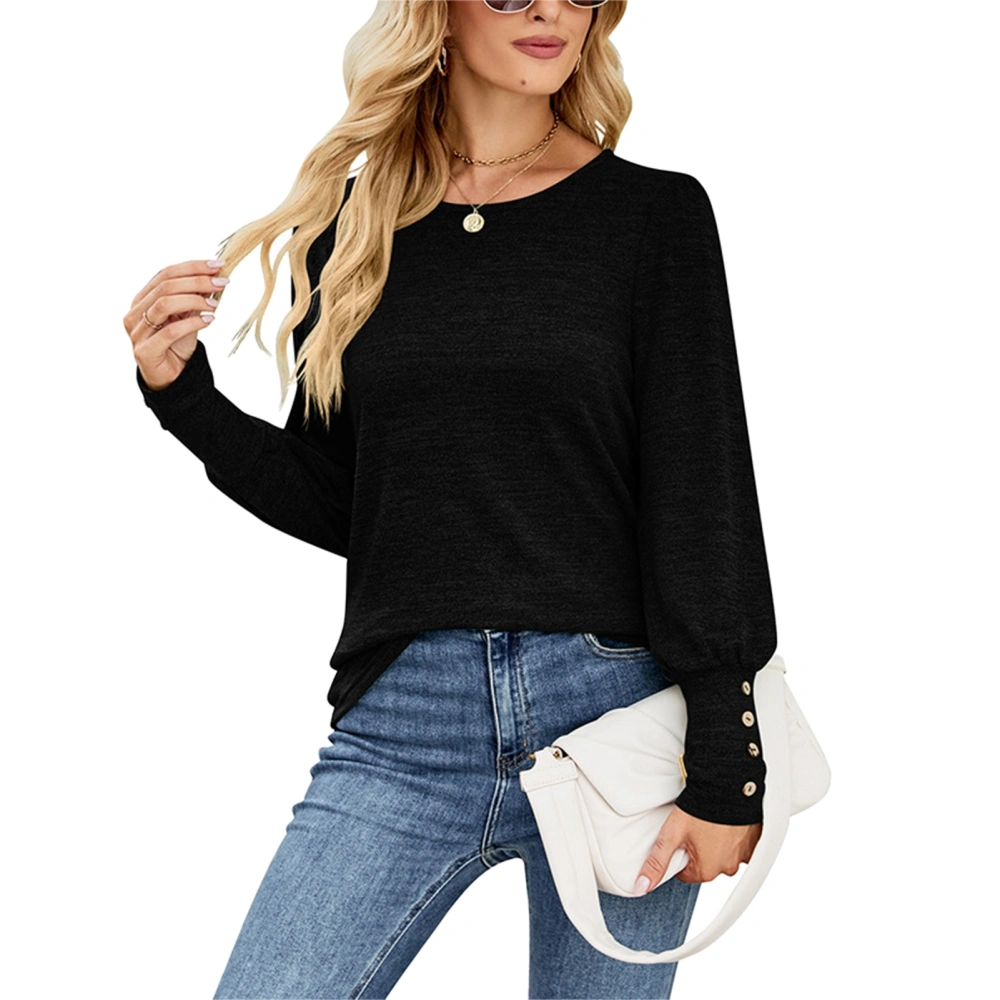 Women Long Sleeves Pullover Top Crewneck Button Cuffs Loose Comfortable Women Blouse Top Black S