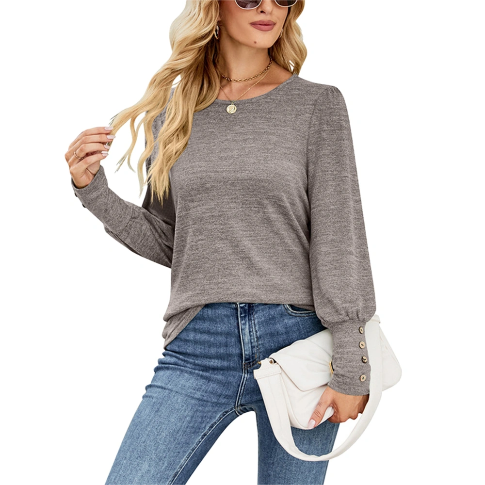 Women Long Sleeves Pullover Top Crewneck Button Cuffs Loose Comfortable Women Blouse Top Khaki XXL