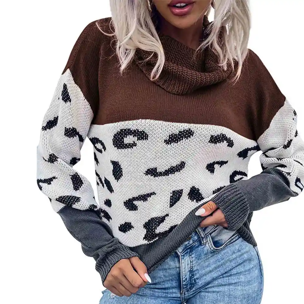 Women Sweater Leopard Print Contrast Color High Collar Drop Shoulder Sleeves Pullover Sweater Brown L