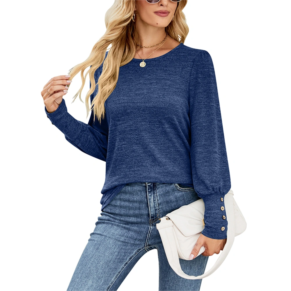 Women Long Sleeves Pullover Top Crewneck Button Cuffs Loose Comfortable Women Blouse Top Blue L