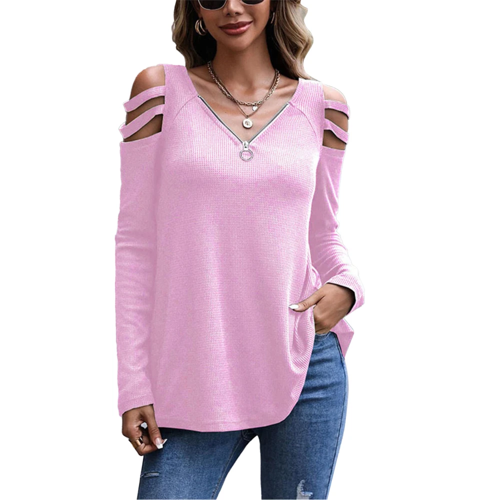 Women Long Sleeves Top V Neck Zipper Cold Shoulder Pure Color Loose Type Casual T Shirt Pink XXL