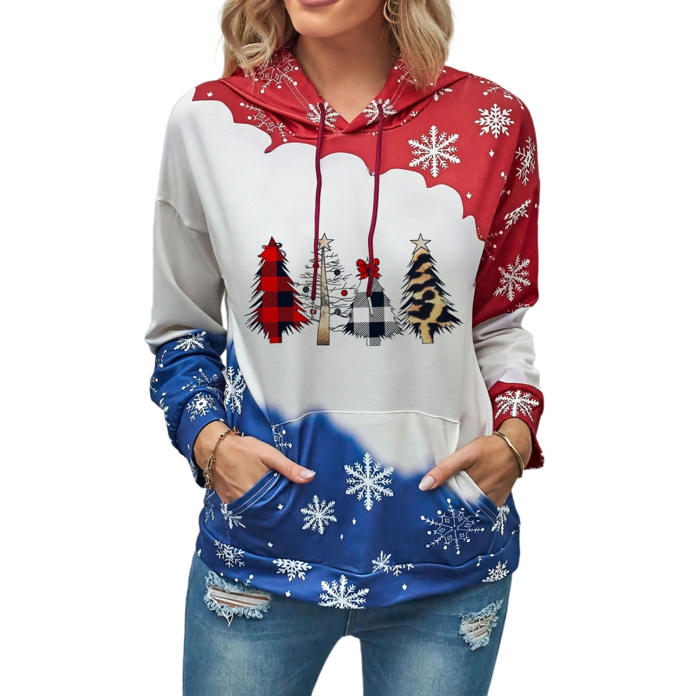 Womans Hoodies Christmas Style Drawstring Contrast Color Front Pocket Women Pullover Hoodie for Office Dating Party Snowflake Sleeve XL