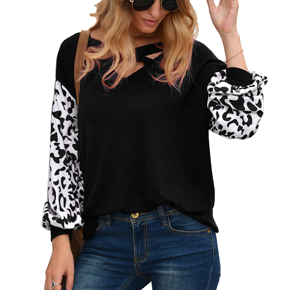 Women Long Sleeve Shirt Criss Cross V Neck Leopard Sleeve Patchwork Lantern Sleeve Loose Women Shirt Top for Daily Party Black XL