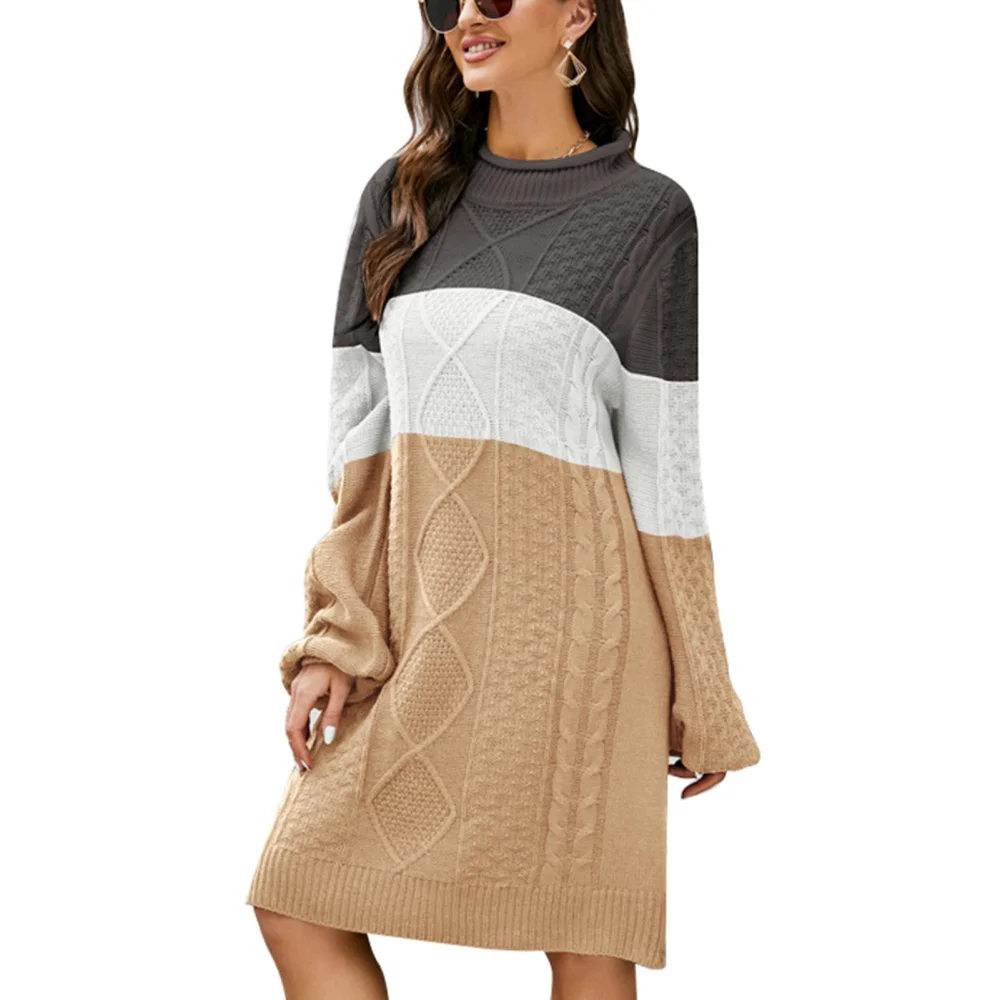 Color Block Sweater Dress for Women Round Neck Loose Fashionable Long Sleeve Sweater Dress for Daily Wear Brown S