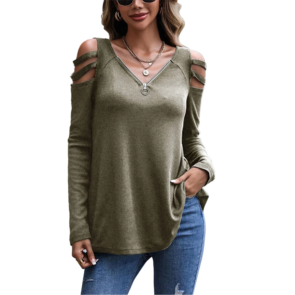 Women Long Sleeves Top V Neck Zipper Cold Shoulder Pure Color Loose Type Casual T Shirt OD Green XL