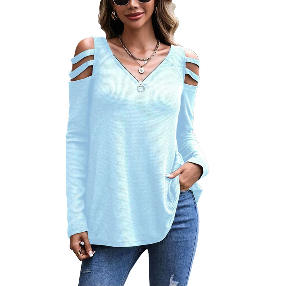 Women Long Sleeves Top V Neck Zipper Cold Shoulder Pure Color Loose Type Casual T Shirt Light Blue XL